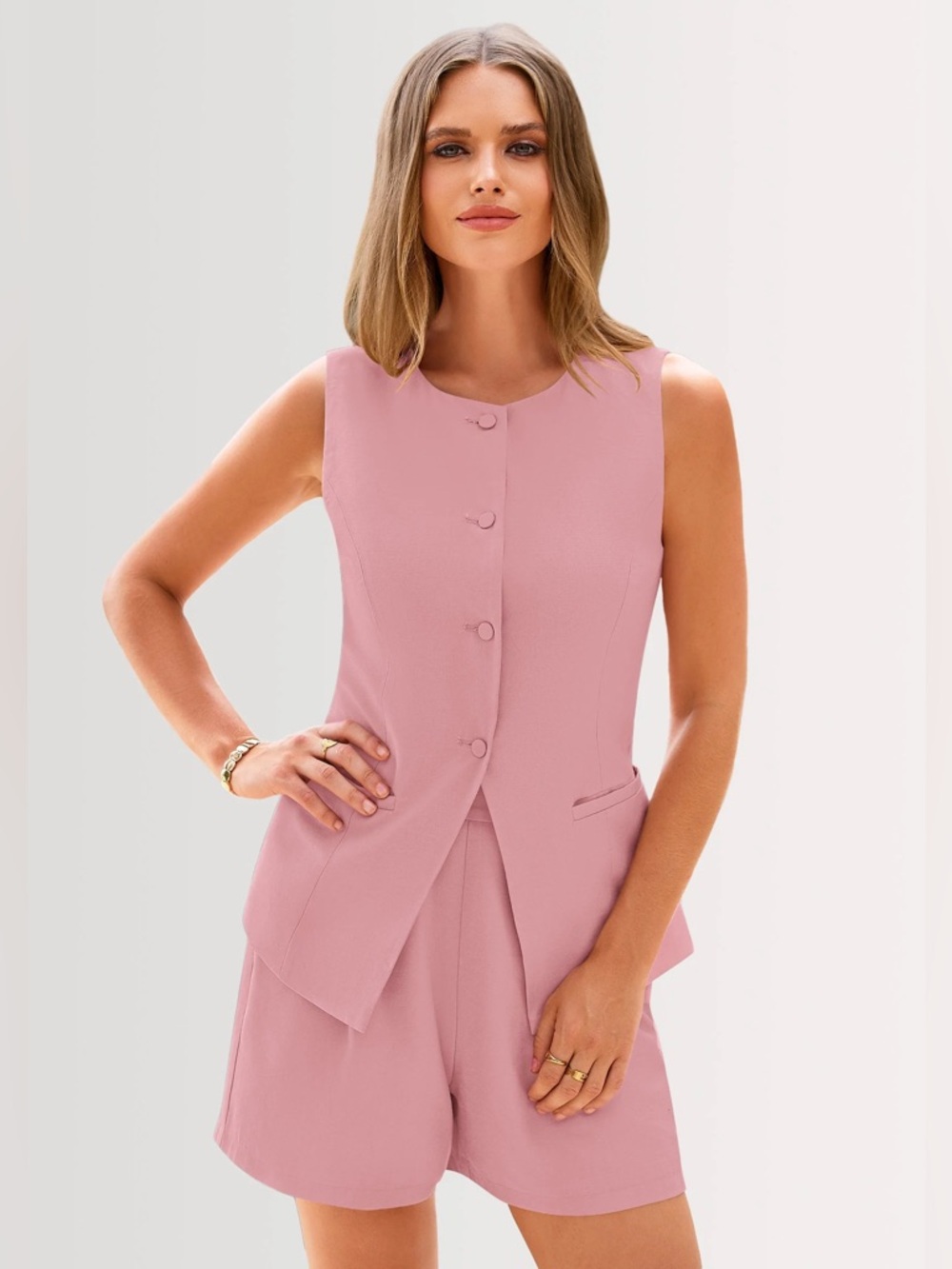 Two Piece Sets Button Down Suit Vest Tops High Waisted Shorts  Outfits M - Picture 2 of 7